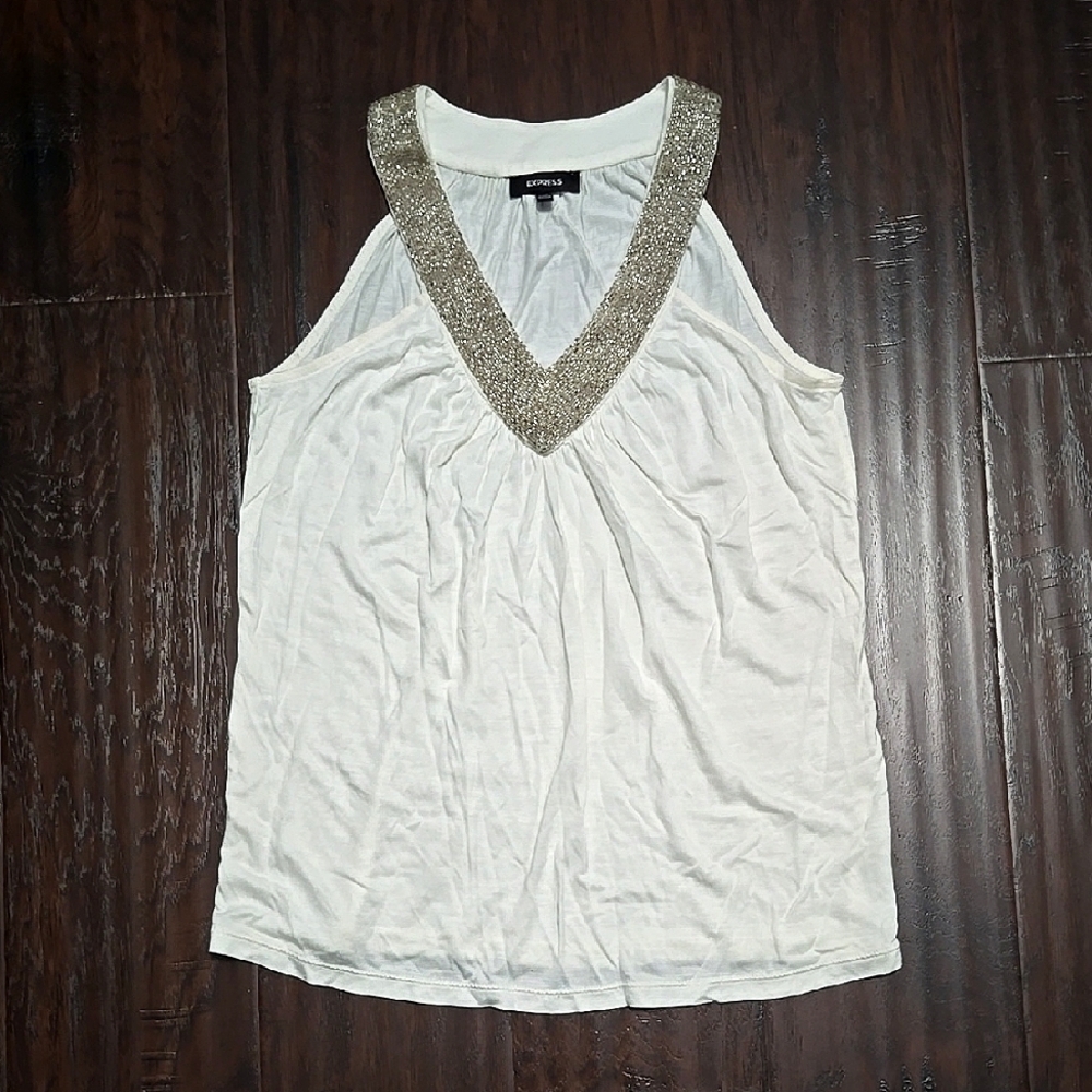 Express White Beaded V Neck Tank Y2k - Size XS